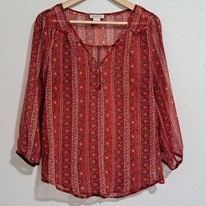 Lucky Brand Paisley Sheer Crinkle V-Neck Top Small